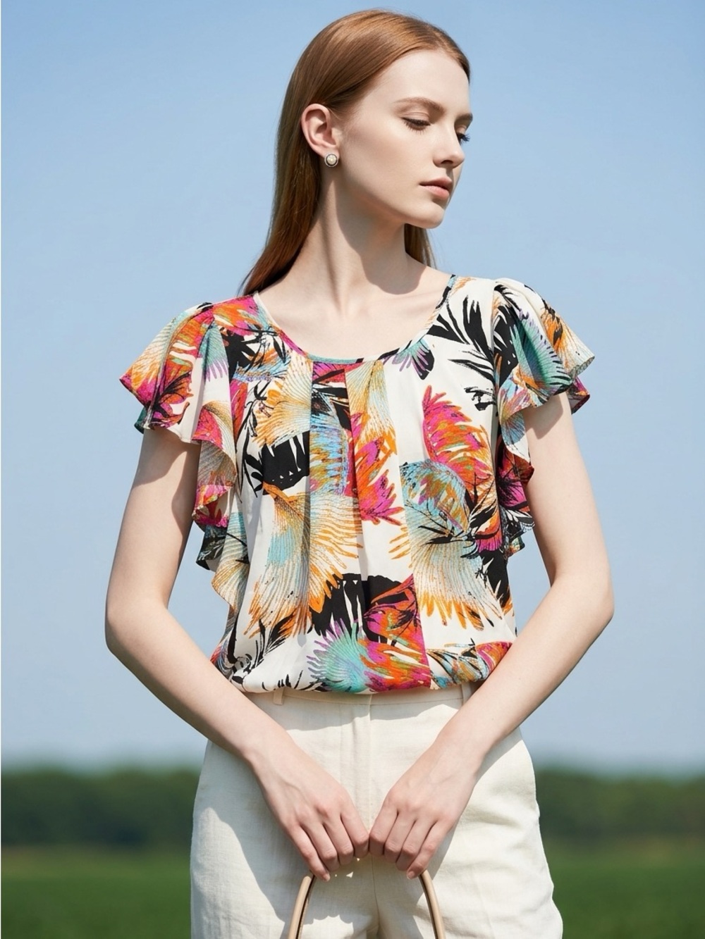 Black Rainn White Tropical Flutter-Sleeve Blouse